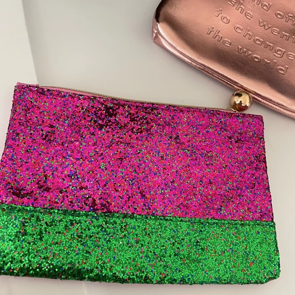 2 for 1 Ipsy Pink & Green Glitter and A Gold Cosmetic Bags Like New just for you